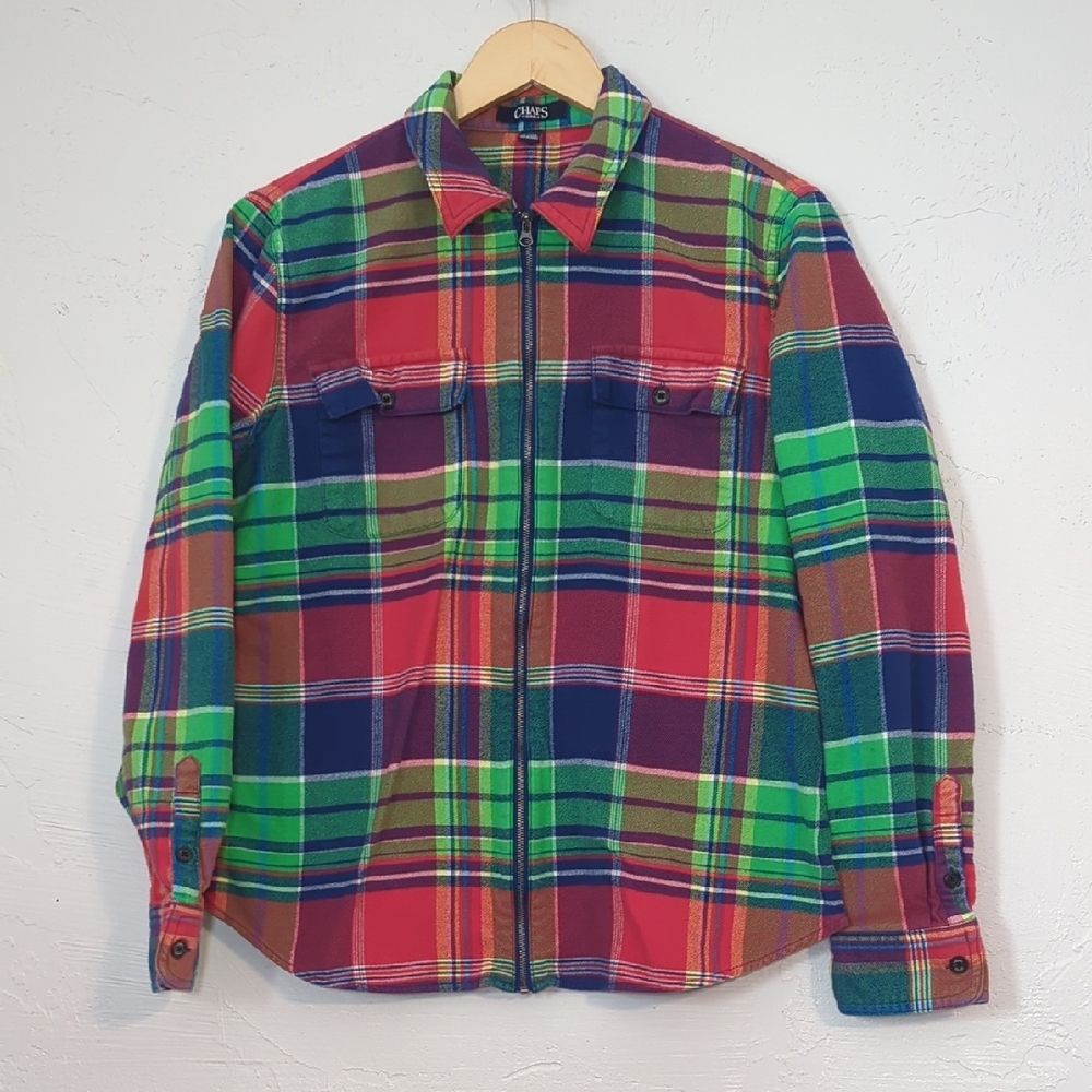Colorful Rainbow Plaid Flannel Zip Up Shacket Cotton Casual Lightweight Fall
